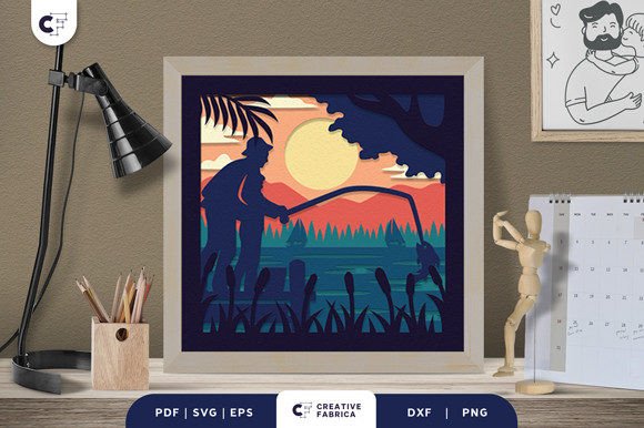 Download Dad Fishing with Daughter 3D Paper Cut - 3d paper cut Collection